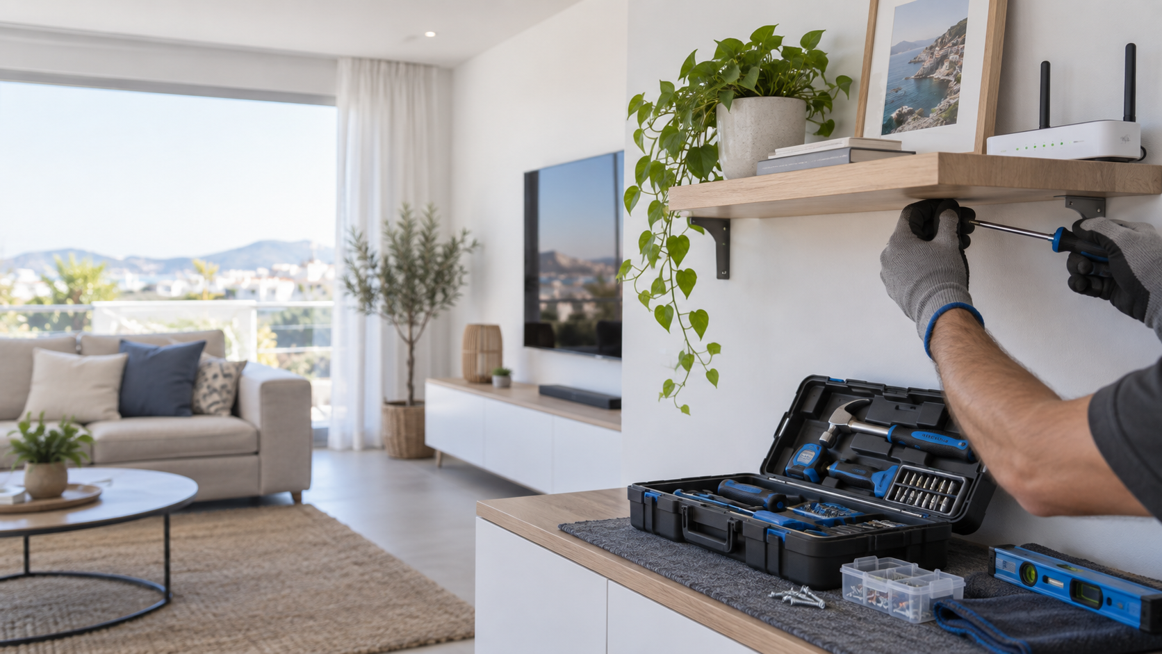 Instalación de una estantería y configuración de conectividad en un hogar